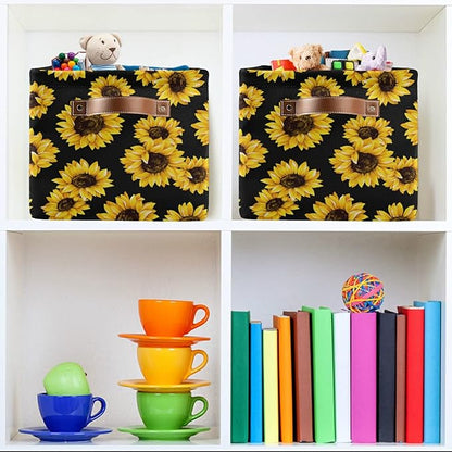 Bolaz Large Storage Basket Sunflower Black Foldable Storage Box Organizer Bins with Handles for Bedroom Home Office