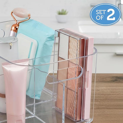 STORi Bliss 5-Compartment Plastic Cosmetics Storage Organizer, Set of 2 | Clear | Rectangular Divided Makeup Bin & Vanity Caddy with Pass-Through Handles | Round Corner Design | Made in USA