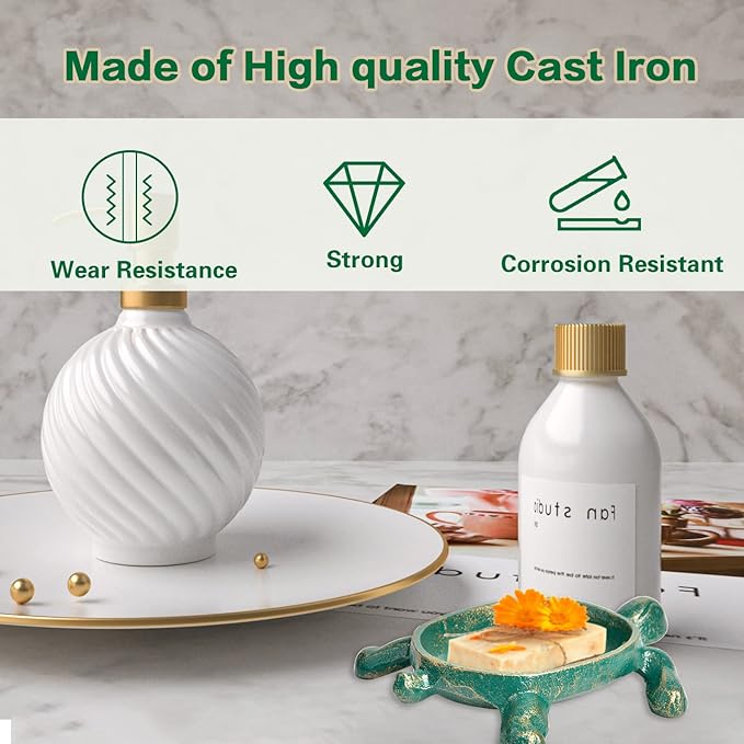 Sungmor Heavy Duty Cast Iron Drainable Soap Holder - Lovely Tortoise Shaped & Antique Green & Gold Finish - Kitchen Bathroom Sink Soap Dish Tray - Practical & Decorative Tabletop Soap Box Container