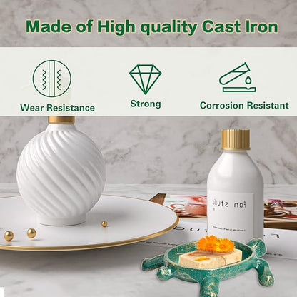 Sungmor Heavy Duty Cast Iron Drainable Soap Holder - Lovely Tortoise Shaped & Antique Green & Gold Finish - Kitchen Bathroom Sink Soap Dish Tray - Practical & Decorative Tabletop Soap Box Container
