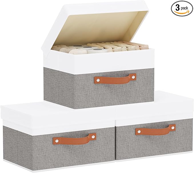 Storage Baskets with Lids, Closet Organizer Boxes, Foldable Shelves Storage Bins with Handles, White and Grey, 3 Pack, 13 x 9.1 x 7.9 Inch