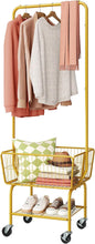 Tajsoon Laundry Cart with Wheels, Metal Rolling Laundry Hamper with Hanging Rack, Storage Basket and Shelf, Gold