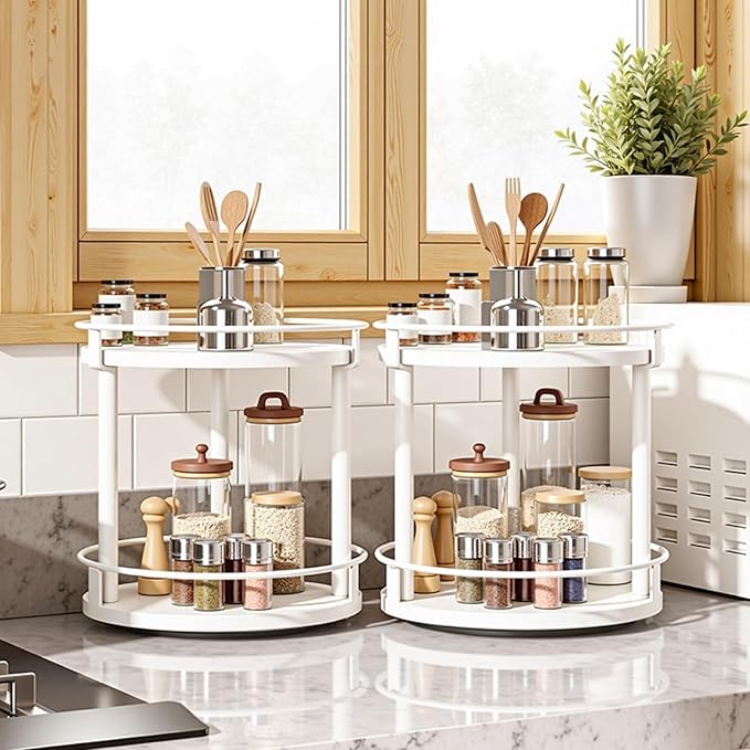 YATINEY Spice Rack, Set of 2 Lazy Susan Organizer, 2-Tier Turntable Organizer For Cabinet, Compact and Versatile, for Kitchen Countertop, White SR22L2WW