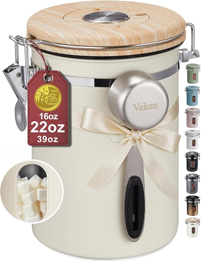 Veken Coffee Sugar Canister with Window, Gifts For Women,Airtight Stainless Steel Home Kitchen Food Storage Container Gift, Date Tracker & Scoop for Coffee Grounds, Beans,Tea,Flour,Cereal, 22OZ, Cream