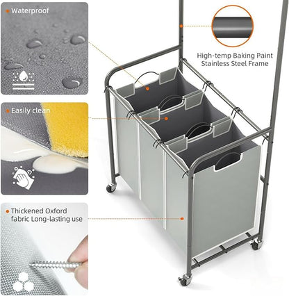 ROMOON Laundry Sorter Hamper with Hanging Bar, 3 Section Rolling Laundry Cart with Clothes Rack & Heavy-Duty Lockable Wheels, Divided Laundry Basket Organizer for Apartment & Small Spaces (135L Grey)