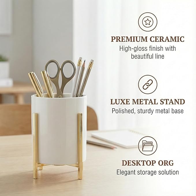 Spoon Holder for Coffee Bar, Kitchen Spoon and Fork Holder, Black Silverware Holder, Cutlery Holder Robust Silverware Caddy, White Ceramic Cup with Black Metal Frame, 1 Pcs