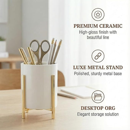 Spoon Holder for Coffee Bar, Kitchen Spoon and Fork Holder, Black Silverware Holder, Cutlery Holder Robust Silverware Caddy, White Ceramic Cup with Black Metal Frame, 1 Pcs