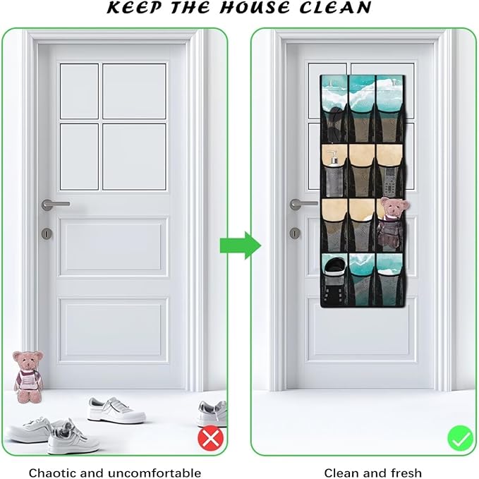 Beach Behind Door Shoes Hang Holder Rack,Storage for Small Spaces,Over the Door Shoe Organizer with 12 Mesh Large Pockets