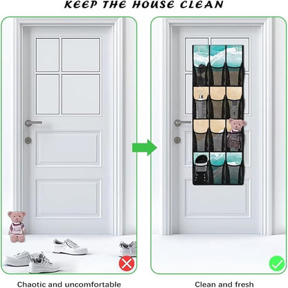 Beach Behind Door Shoes Hang Holder Rack,Storage for Small Spaces,Over the Door Shoe Organizer with 12 Mesh Large Pockets