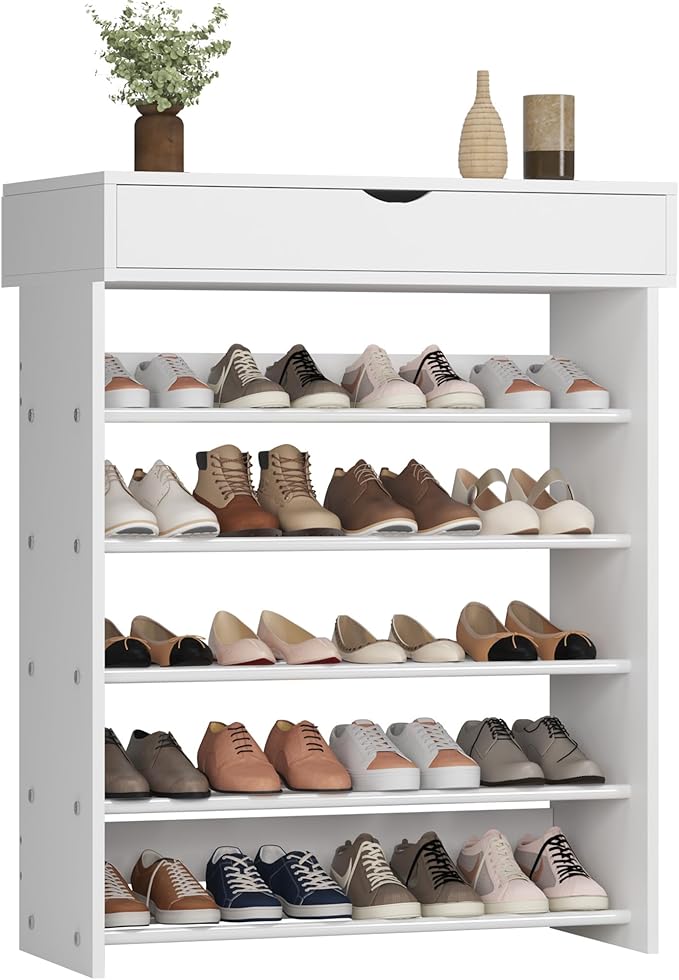 sogesfurniture 5-Tier Wooden Shoes Rack with Storage, Modern Free Standing Sturdy Shoe Rack Organizer (Holds 15-20 Pairs) for Entryway, Closets, Living Room, Hallway, Doorway (White)