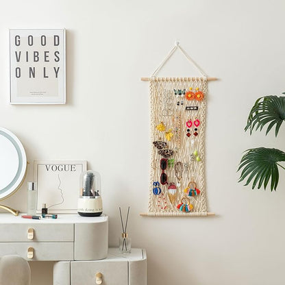 Pretty Jolly Hanging Jewelry Mesh Organizer Macrame Wall Mounted Necklaces Storage Earring Display Rack Girls Hair Clips Hanger with 20 Pieces S Shape Hooks for Bracelets,Necklace and Rings(Yellow)
