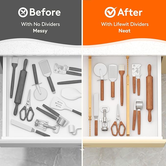 Lifewit 2.36" High 5 Pack Bamboo Drawer Dividers, 14.2-22" Expandable Kitchen Drawer Dividers, Adjustable Drawer Dividers for Clothes, Drawer Separators for Dresser, Kitchen, Bedroom, Bathroom