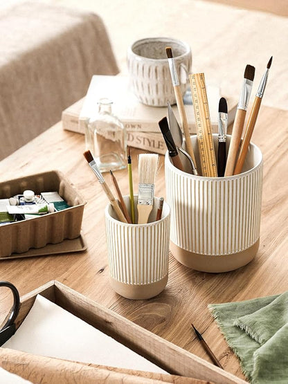 LE TAUCI Ceramic Utensil Holder for Kitchen Counter - 6.9"+5.3" Large Kitchen Utensil Holder Set of 2, Cooking Utensil Crock & Organizer for Spatula, Spoon - Modern Kitchen Decor, Cream Beige, Line