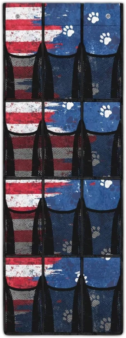 American Flag Over Door Organizer for Stuffies Collapsible Back of Door Shoe Organizer Large Capacity 4 Shelf 12 Clear Pockets Hanging Storage Bag for Shoes Cell Phones Belts Cookies