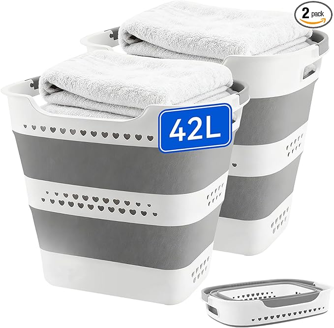 2 Pcs 42L Medium Collapsible Plastic Laundry Basket with Handles, Foldable Laundry Basket Hamper, Pop Up Storage Container Organizer for Washing Storage (Gery, 17 Inch * 13 Inch * 15 Inch)