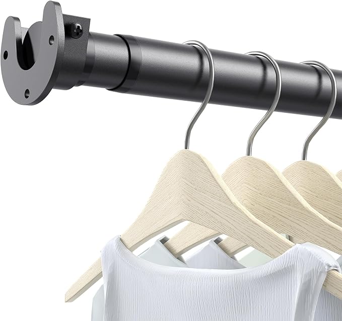 Closet Rods for Hanging Clothes, 17 to 39 Inch Stepless Adjustable Closet Rod, 1.3 Inch Diameter Metal Heavy Duty Closet Hanging Rod for Closet Wardrobes Laundry RV, Black