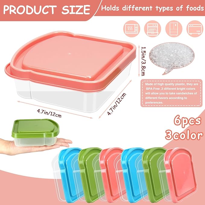 6 Pack Sandwich Containers, Colored Sandwich Boxes for Lunch, Reusable and Easy to Open Fun Sandwich Container (in 3 Colors)