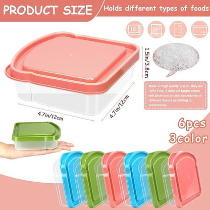6 Pack Sandwich Containers, Colored Sandwich Boxes for Lunch, Reusable and Easy to Open Fun Sandwich Container (in 3 Colors)