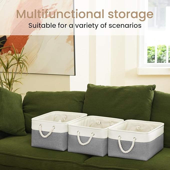 Large Storage Baskets- 15.7x11.8x8.26 inch Storage Bins for Shelves and Closet Organizing, Foldable Fabric Bin for Home Organization Clothes and Laundry (3-Pack, White&Grey)