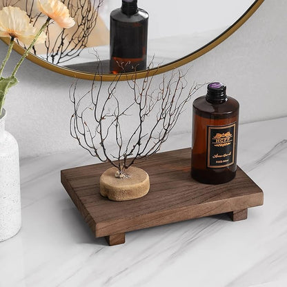 zoocatia Small Wood Tray Pedestal Stand Farmhouse Bathroom Decor Decorative Wooden Riser Kitchen Soap Dish Holder for Vanity, Counter, Sink, 9" x 5.9" - Walnut