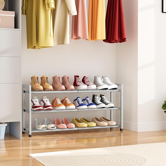 Expandable Shoe Rack for Closet Adjustable Metal Shoe Rack for Entryway 18.5"-33" Free Standing Shoe Organizer 12 Pairs with Hooks 3-Tier Small Shoe Shelf for Bedroom Garage Dorm Floor, Grey