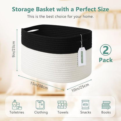 ECDYQXVU Cotton Rope Storage Basket, 15x10x9 Inches, Woven Basket for Shelves, Clothes, Towels, Books, and Laundry, Black/ White (2 Pack)