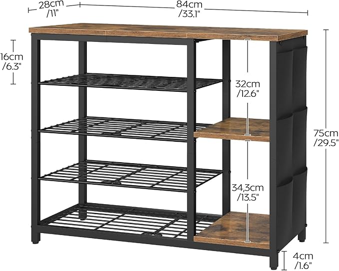 YATINEY Industrial 5-Tier Shoe Rack, Metal Shoe Storage Organizer with Side Oxford Pocket, Entryway Heavy Duty Shoe Shelf for Small Spaces, Entryway, Hallway, Rustic Brown and Black SS84BR