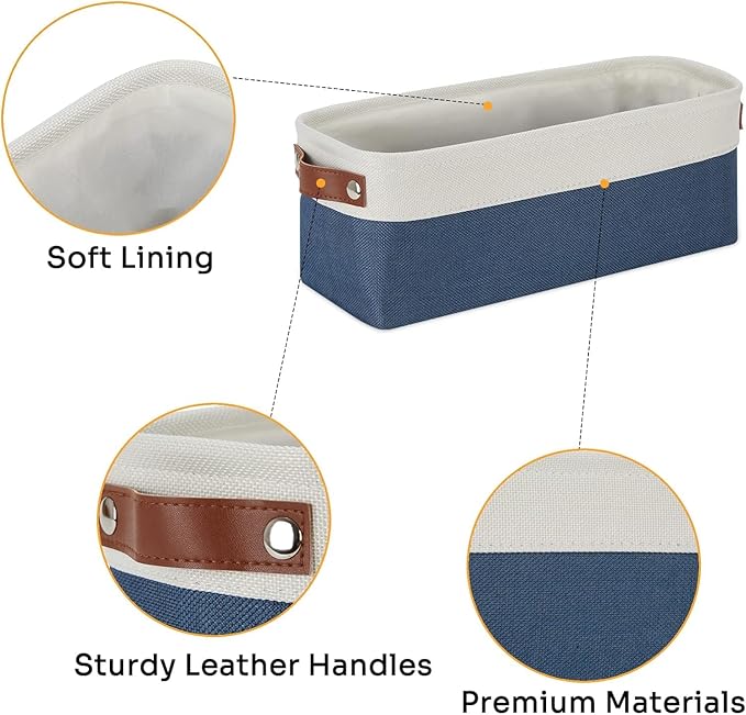 DULLEMELO Narrow Storage Basket,Toilet Paper Basket with Leather Handles for Back of Toilet, Vanities, Shelves & Cabinets (White&Blue-1 Pack)