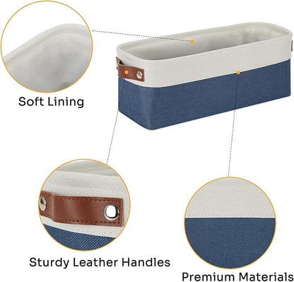 DULLEMELO Narrow Storage Basket,Toilet Paper Basket with Leather Handles for Back of Toilet, Vanities, Shelves & Cabinets (White&Blue-1 Pack)