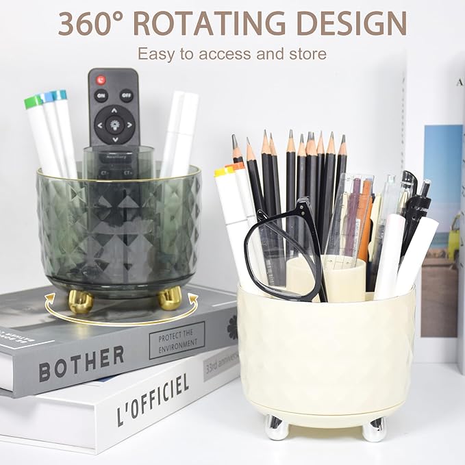 SAYEEC Pen Holder for Desk 6 Slots Rotating Makeup Brush Organizer Toothbrush Hair Brush Holder Versatile Desk Skin Care Cosmetic Organizer Pencil Cup Pot Art Supply Caddy for Vanity Office (Cream)