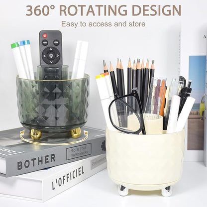 SAYEEC Pen Holder for Desk 6 Slots Rotating Makeup Brush Organizer Toothbrush Hair Brush Holder Versatile Desk Skin Care Cosmetic Organizer Pencil Cup Pot Art Supply Caddy for Vanity Office (Cream)