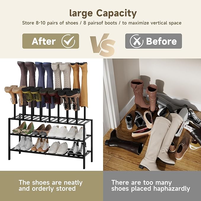 Boot Rack for Tall Boots Organizer,3-Tier Multiuse Shoe Rack and Boot Storage Rack,for Tall Boots,Sneakers,High-Heel (Black, 3-Tier-Long)