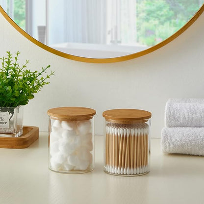 INIUNIK Glass Qtip Holder Dispenser with Bamboo Lid - 2 Pack Apothecary Jars - Cotton Balls Pads Swabs Holder Jar - Bathroom Vanity Canisters Jars for Countertop Storage and Organization