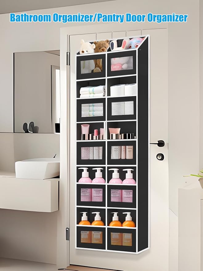 Over the Door Organizer Hanging- 10 Compartments, 80 lbs Load Behind Door Stuffed Animal Storage, Extra Large Toys Storage Organization for Bedroom, Bathroom, Nursery, Shoes, Diaper (black)