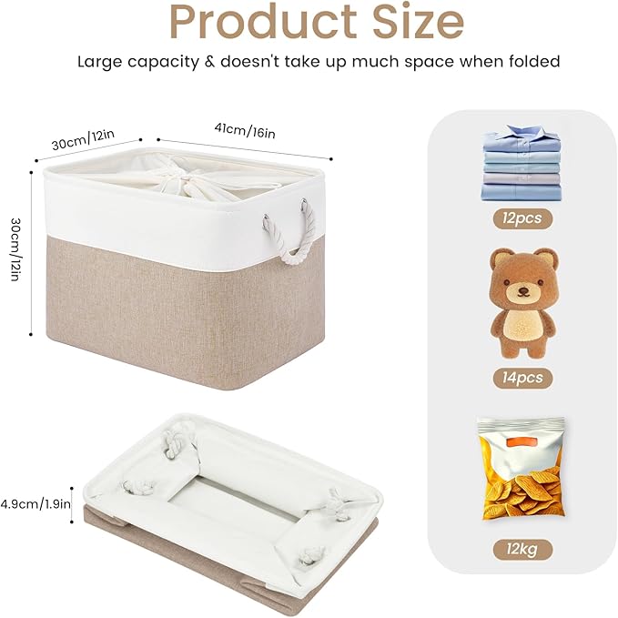 Large Storage Baskets- 16x12x12 inch Storage Bins for Shelves and Closet Organizing, Foldable Fabric Bin for Home Organization Clothes and Laundry (1-Pack, White&Khaki)
