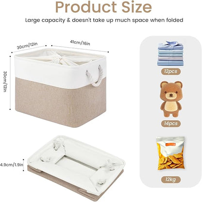 Large Storage Baskets- 16x12x12 inch Storage Bins for Shelves and Closet Organizing, Foldable Fabric Bin for Home Organization Clothes and Laundry (1-Pack, White&Khaki)
