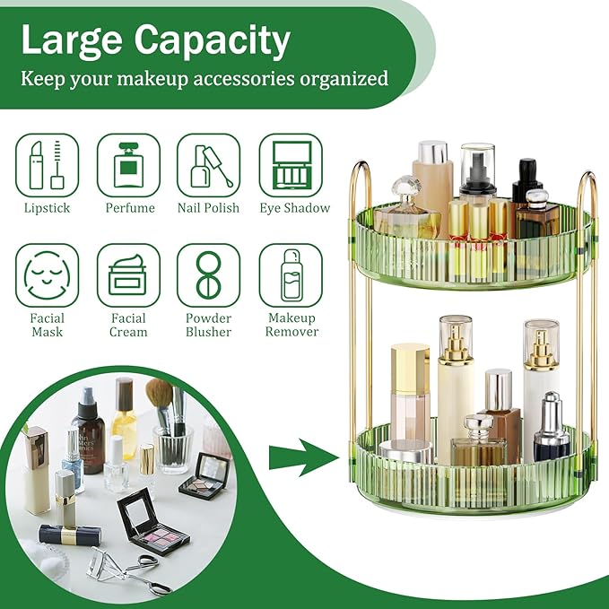 MOKANI 360 Rotating Makeup Organizer for Vanity, 2 Tier Adjustable Perfume Organizer for Dresser, Multi-Function Spinning Cosmetics Skincare Storage for Bedroom, Dresser, Countertop, Green