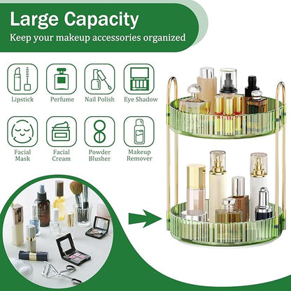 MOKANI 360 Rotating Makeup Organizer for Vanity, 2 Tier Adjustable Perfume Organizer for Dresser, Multi-Function Spinning Cosmetics Skincare Storage for Bedroom, Dresser, Countertop, Green