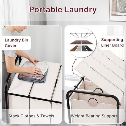 180L Laundry Sorter 4 Section – Heavy Duty Rolling Laundry Basket with Lockable Wheels and Lid, 4 Large Separate Removable Bags, Laundry Hamper Cart for Laundry Room Organizer (White)