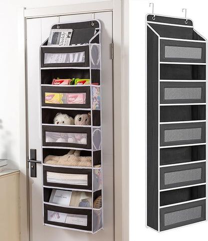 Over The Door Storage Organizer - 5 Shelf Hanging Organizer with 10 Side Pockets, 48 lbs Load Capacity (Anti-Tilt, Clear Windows & Hooks) for Bathroom, Bedroom, Kitchen,Nursery (Black, 1 Pack)