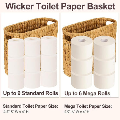FairyHaus Wicker Toilet Paper Storage Basket with Buit-in Handles, 9 Rolls Natural Water Hyacinth Toilet Paper Holder Stand with Storage, Freestanding Handwoven Toilet Paper Holder Basket for Bathroom