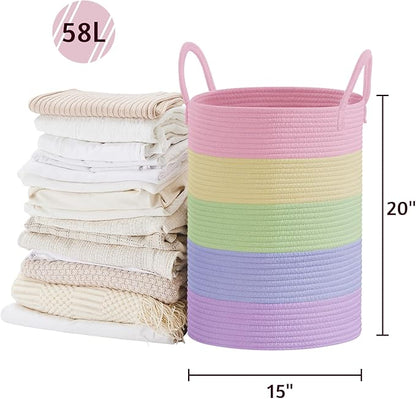 VIPOSCO Large Laundry Hamper, Tall Woven Rope Storage Basket for Blanket, Toys, Dirty Clothes in Living Room, Bathroom, Bedroom - 58L Rainbow