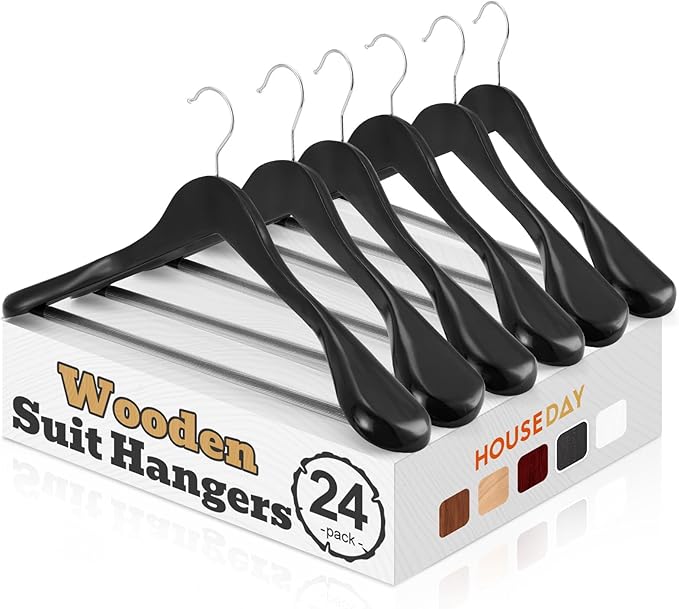 HOUSE DAY Wood Suit Hangers for Men 24 Pack, Smooth Wide Shoulder Wooden Hangers with Non Slip Pant Holder, Wide Hangers for Suits, Coats, Jackets, Heavy Wide Clothes Hanger, Black