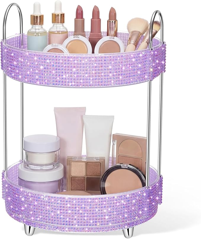 Honeydak 360 Rotating Perfume Organizer for Mother Day Nurse Day Rhinestone Bathroom Counter Organizer Makeup Holder Skincare and Perfume Storage for Cosmetic Countertop(2 Tiers,Resin Stone,Purple)