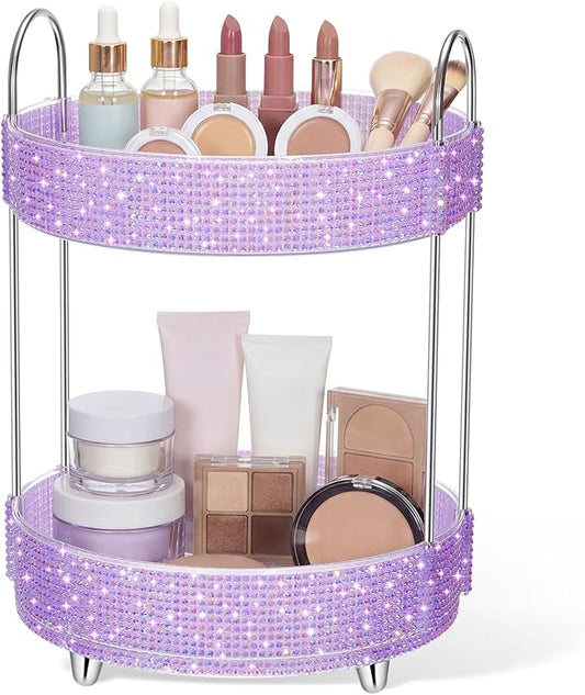 Honeydak 360 Rotating Perfume Organizer for Mother Day Nurse Day Rhinestone Bathroom Counter Organizer Makeup Holder Skincare and Perfume Storage for Cosmetic Countertop(2 Tiers,Resin Stone,Purple)