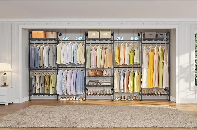 Timate F5 Expandable Wall Mounted Clothes Rack with 8 Adjustable Shelves & 4 Expandable Hanger Rods, Heavy Duty Industrial Pipe Clothing Rack for Hanging Clothes, Fits Spaces 10'3"- 12'3", Black