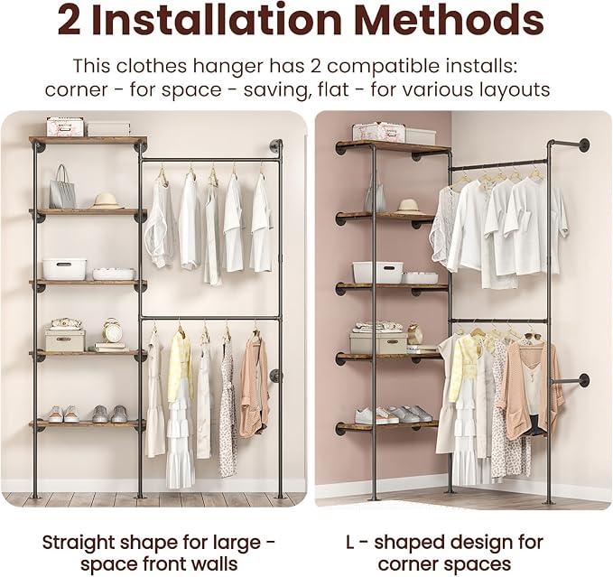 Industrial Pipe Clothing Rack, Wall Mounted DIY Garment Rack with 2 Adjustable Rod & 5 Shelves, Heavy Duty Closet Organizers System in Wardrobe Closet, Black