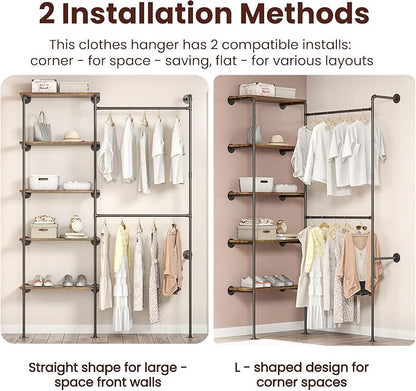 Industrial Pipe Clothing Rack, Wall Mounted DIY Garment Rack with 2 Adjustable Rod & 5 Shelves, Heavy Duty Closet Organizers System in Wardrobe Closet, Black