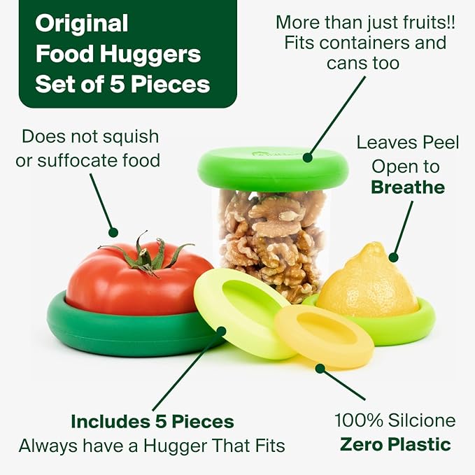 Food Huggers 5pc Reusable Silicone Food Savers | BPA Free | Plastic Free Food Storage | Dishwasher Safe | Fruit & Vegetable Storage for Onion, Tomato, Lemon, Banana & Cans | Round, Fresh Greens