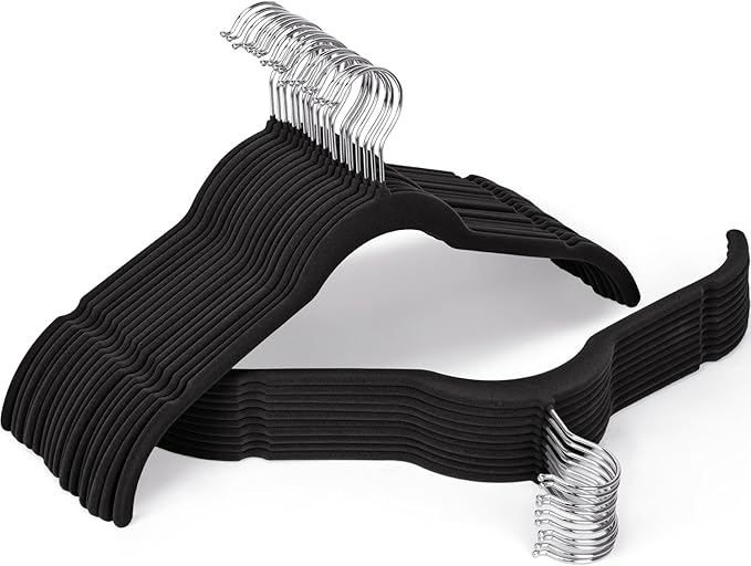 Black Velvet Hangers 30 Pack, Non-Slip Felt Hangers with Shoulder Notches, Slim Space Saving Clothes Hangers with 360°Swivel Hook for Shirts Heavy Coats Clothes Dresses Closet (Black)